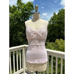 Vintage 90s Y2K Lace Camisole Tank Top Medium Pink Ribbed Lettuce Hem Coquette